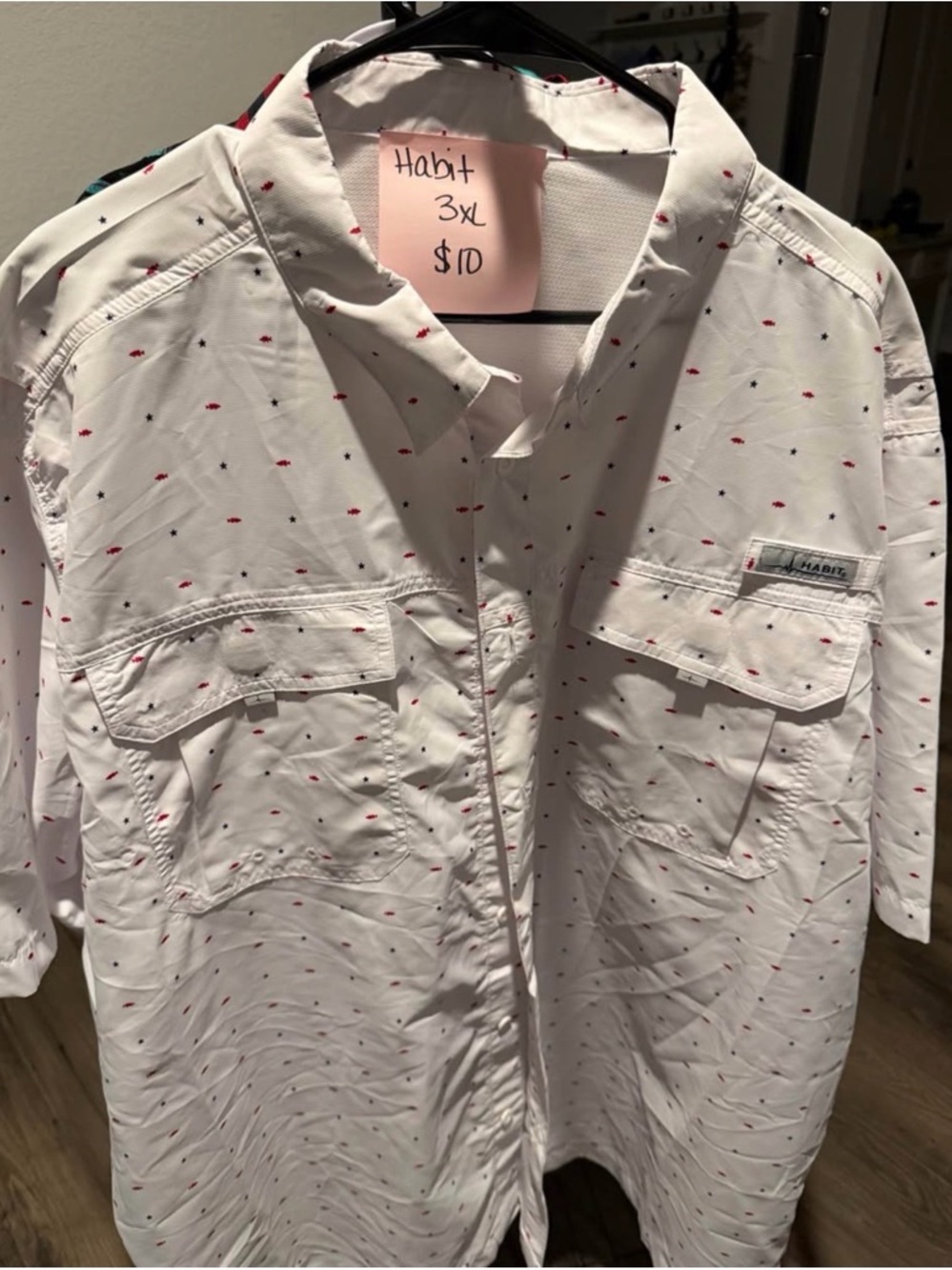 Mens White Button-Up Shirt with Red Micro Print - 3XL